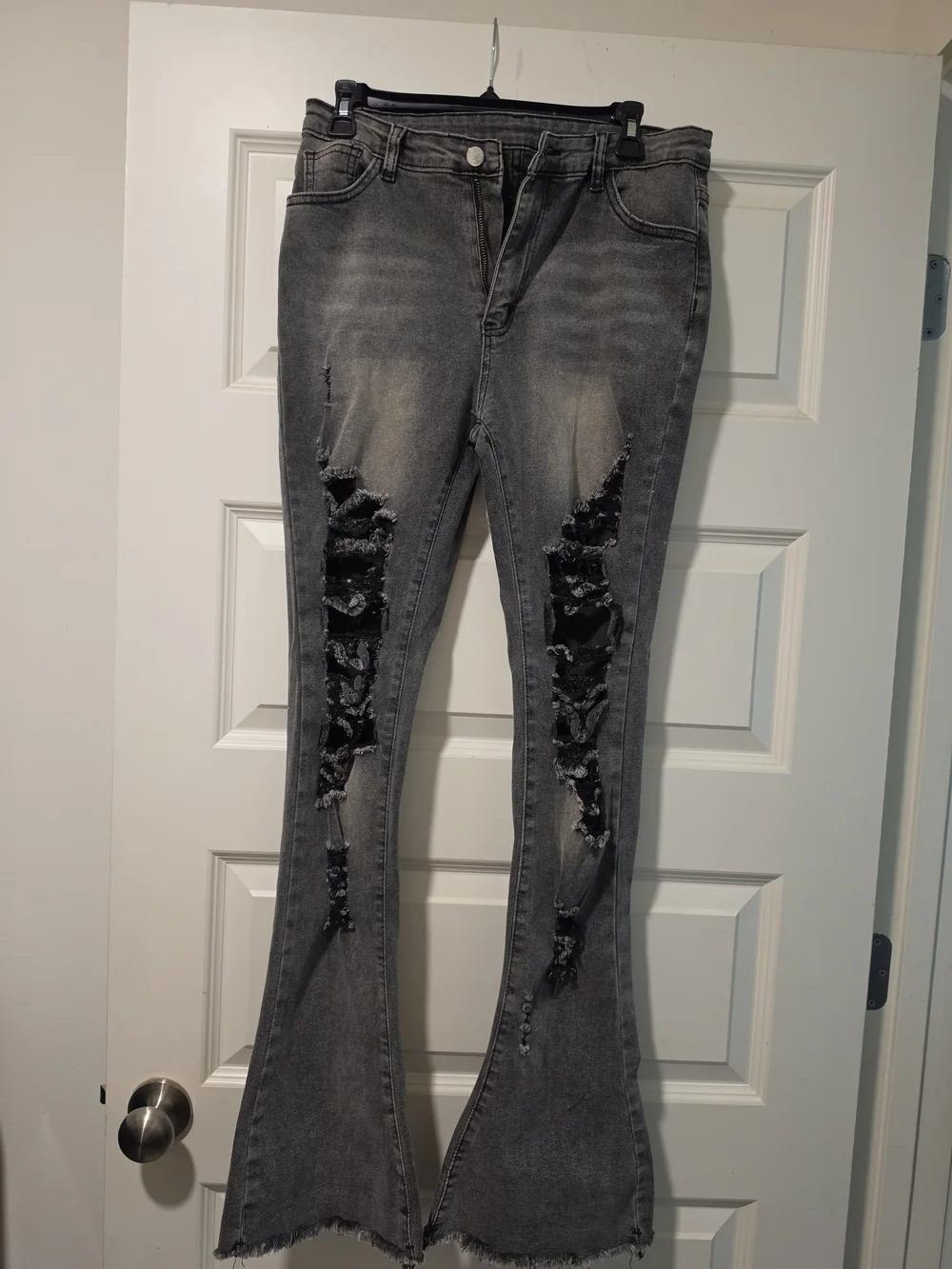 SHEIN Grey Distressed Flare Jeans with Ripped Paneling